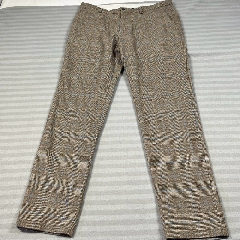 Zara Pants Mens 32 Brown Glen Plaid Dress Trousers Italian Fabric Flat Front
